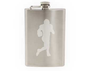 Sport Silhouette - Football Player Running Version 2 - Etched 8 Oz Stainless Steel Flask