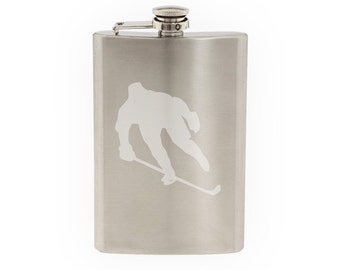 Hockey Silhouette- Player Varsity Professional League #4- Etched 8 Oz Stainless Steel Flask