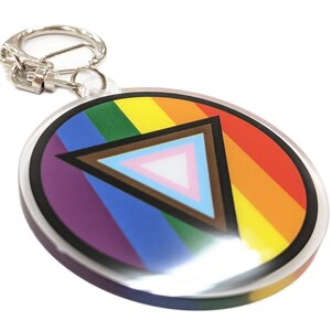 Könnte beinhalten: Ein Regenbogen-Schlüsselanhänger mit einem braunen Dreieck in einem weißen Dreieck in einem blauen Dreieck. Der Schlüsselanhänger hat einen silbernen Metallring.