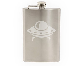 Space Icon- UFO Alien Space Ship Toon Extraterrestrial- Etched 8 Oz Stainless Steel Flask