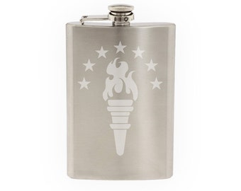 Liberty and Freedom Torch with Star Arch - Patriot Night Flame Symbol - Liberty - Etched 8 Oz Stainless Steel Flask