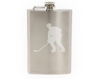 Sport Silhouette - Hockey Player- Etched 8 Oz Stainless Steel Flask
