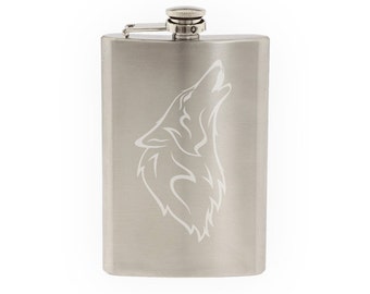 Forest Animal - Stylized Howling Wolf - Etched 8 Oz Stainless Steel Flask