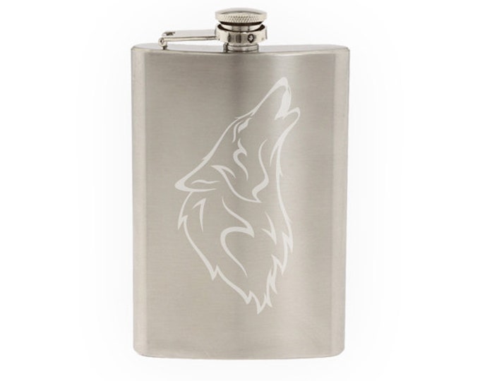 Forest Animal - Stylized Howling Wolf - Etched 8 Oz Stainless Steel Flask