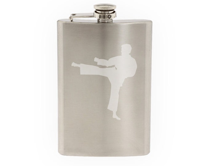 Sport Silhouette - Karate Martial Artist High Kick #1- Etched 8 Oz Stainless Steel Flask