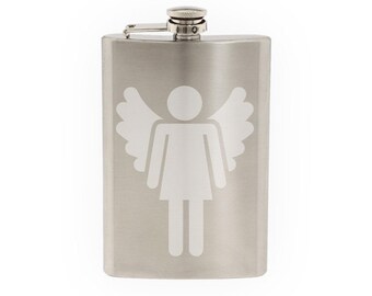 Rest Room Gender - Ladies - Female Angel Ascend- Etched 8 Oz Stainless Steel Flask