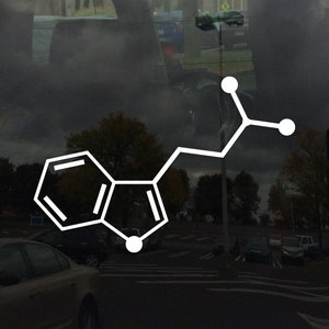 Puede incluir: Una pegatina de vinilo blanco de una estructura química, probablemente representando una molécula. La pegatina está sobre un fondo oscuro, posiblemente una ventana de coche.
