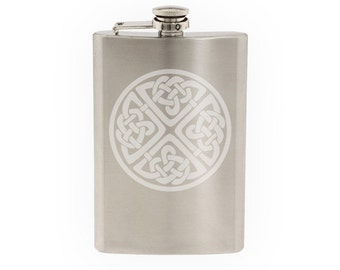 Ireland Traditional - Irish Circular Celtic Knot  - Etched 8 Oz Stainless Steel Flask