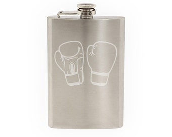 Boxing Gloves - MMA Training Fighter Martial Arts  - Etched 8 Oz Stainless Steel Flask