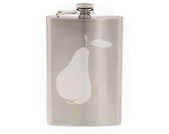 Fruit Doodle #3 - Pear Drawing Art Cooking Restaurant- Etched 8 Oz Stainless Steel Flask