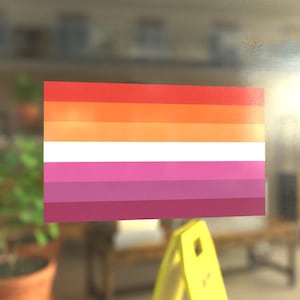May include: A lesbian pride flag with six horizontal stripes in the colors red, orange, yellow, white, pink, and purple.