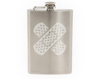 Medical #2- Bandage Cross Medical Care Service First Aid- Etched 8 Oz Stainless Steel Flask