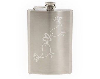 Love Doodle Art #3 - Kissing Birds- Etched 8 Oz Stainless Steel Flask