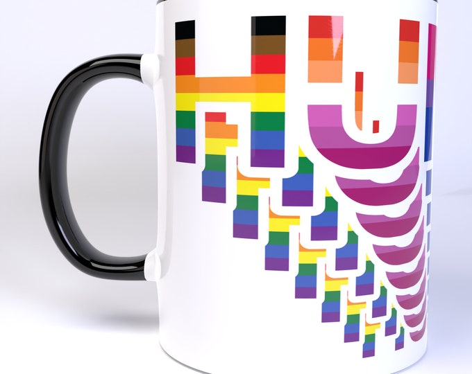 Human LGBTQ+ Cascading Inclusive Pride Flag Art - 11 Ounce Ceramic Coffee Mug Teacup Black or White Handle