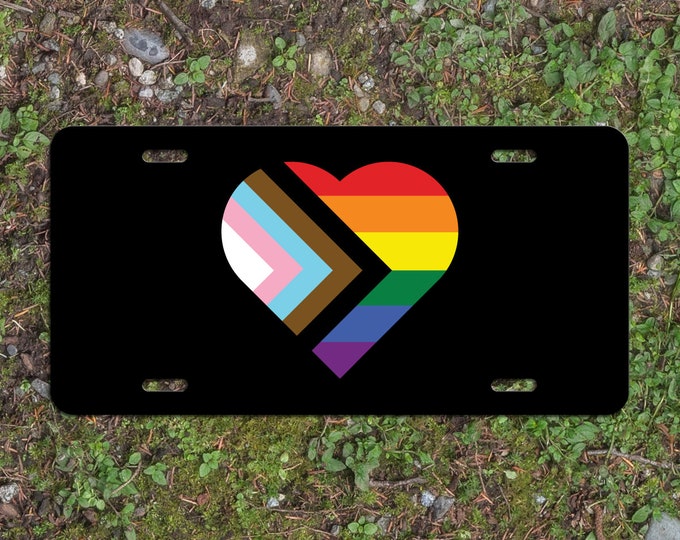 Heart Progress Pride Flag LGBTQ POC Transgender Flag - Vibrant Color Aluminum License Plate (Black Plate)