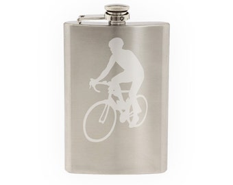 Sports Racing - Bicycling Cyclist Bike Biker version 6- Etched 8 Oz Stainless Steel Flask