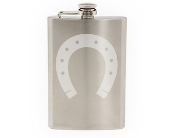 Animal Foot Print #3 - Horse Shoe Jumping Equestrian- Etched 8 Oz Stainless Steel Flask