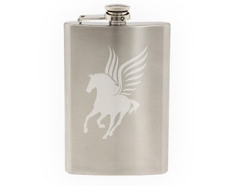 Greek Mythology - Pegasus Winged Horse Version 2- Etched 8 Oz Stainless Steel Flask
