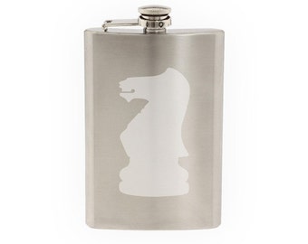Chess Icon Champion - Knight Piece Silhouette Shadow - Etched 8 Oz Stainless Steel Flask