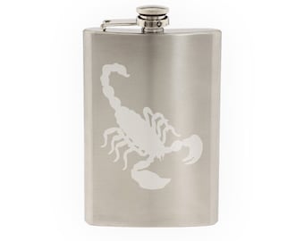 Insect Arachnid- Scorpion Venom Sting #10 - Scorpio logo- Etched 8 Oz Stainless Steel Flask