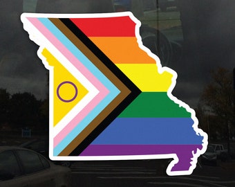 Missouri State Shape Intersex Inclusive Progress Pride Flag LGBTQ - Vibrant Color Static Cling Window Cling - Use Indoor and Outdoor!