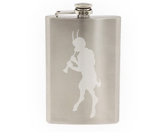 Greek Olympians - Pan Greek God Wild Shepherd Music- Etched 8 Oz Stainless Steel Flask