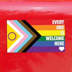 Intersex Progress Pride Flag Every One Is Welcome Here Pride Flag LGBTQ POC Transgender Flag White Text - Vibrant Color Vinyl Decal Sticker