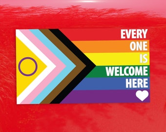 Intersex Progress Pride Flag Every One Is Welcome Here Pride Flag LGBTQ POC Transgender Flag White Text - Vibrant Color Vinyl Decal Sticker