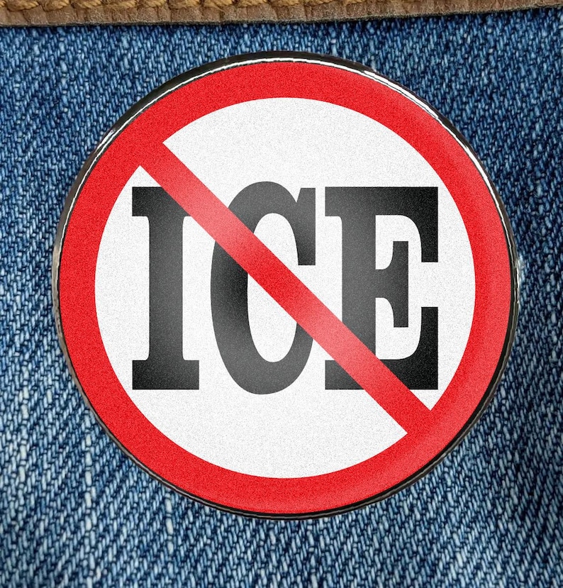 May include: A red circle with a diagonal red line through it. The word "ICE" is written in black letters inside the circle.