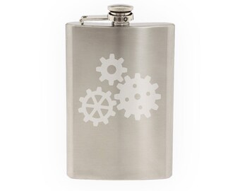 Industry #6 - Gear Mechanical Engineering Construction- Etched 8 Oz Stainless Steel Flask