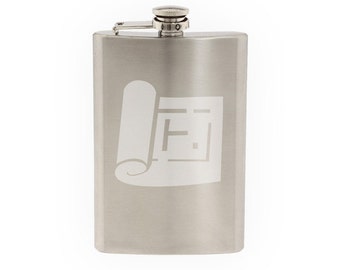 Engineering #1 - Blueprint Technical Drawing Icon Symbol- Etched 8 Oz Stainless Steel Flask