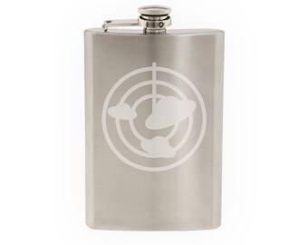 Space Icon- UFO Radar ships Toon Extraterrestrial- Etched 8 Oz Stainless Steel Flask
