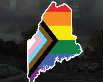 Maine State State Shape Progress Pride Flag LGBTQ POC Transgender Flag - Vibrant Static Cling Window Cling Indoor and Outdoor!