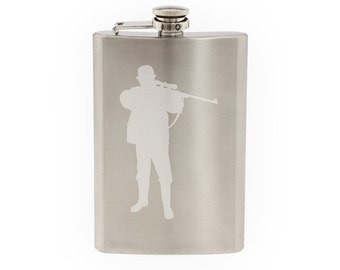 Hunting Rifle Aim #5- Deer Duck Hunt Chasing Tail- Etched 8 Oz Stainless Steel Flask