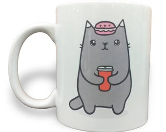 Macaroon Kitty Cat Wants her Coffee Too - 11 Ounce Ceramic Coffee Mug Teacup