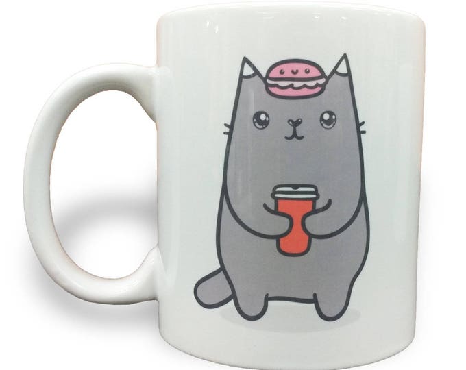 Macaroon Kitty Cat Wants her Coffee Too - 11 Ounce Ceramic Coffee Mug Teacup