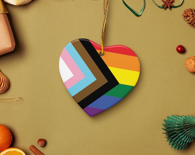 Progress Pride Flag Double-Sided Ceramic Holiday Ornament