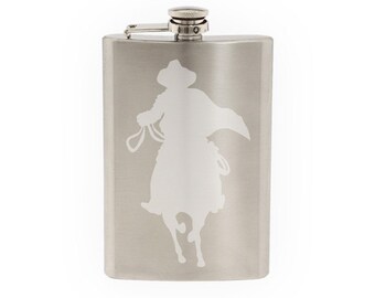 Wild West Rodeo - Cowboy on Horseback Version 7- Etched 8 Oz Stainless Steel Flask