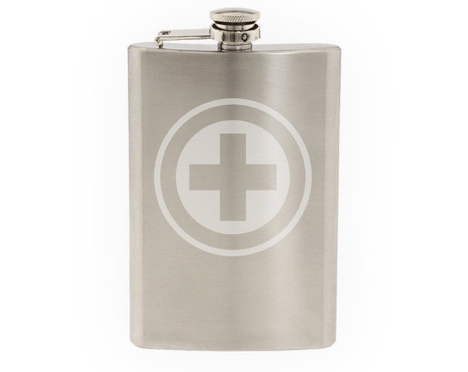 Medical #11- Plus First Aid Emergency Care Health Symbol- Etched 8 Oz Stainless Steel Flask