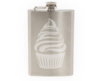 Cute Cupcake #1 - Whipped Ice Cream Topping Sweet Art- Etched 8 Oz Stainless Steel Flask