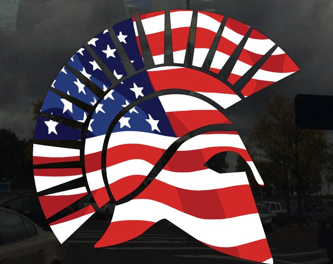 American Flag Spartan Helmet Facing Right- Vinyl Decal for Outdoor Use on Cars, ATV, Boats, Windows and More