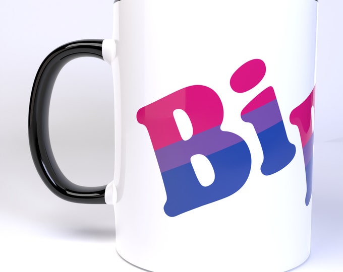 Bi Bi Bi Bisexual Pride Flag Wraparound Art - 11 Ounce Ceramic Coffee Mug Teacup Black or White Handle