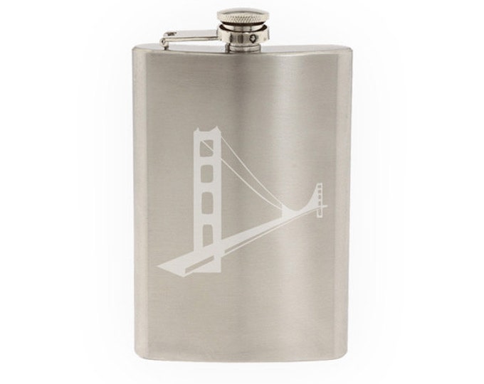 Famous Buildings Monuments - Golden Gate Bridge San Francisco  - Etched 8 Oz Stainless Steel Flask