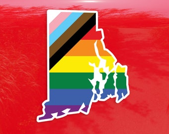 Rhode Island State Shape Progress Pride Flag LGBTQ POC Transgender Flag - Vibrant Color Vinyl Decal Sticker
