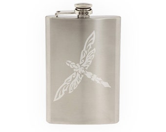 Indian Ethnic Design #3- Dragonfly Insect Beauty Tribal - Etched 8 Oz Stainless Steel Flask