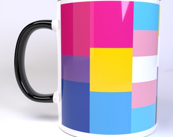 LGBTQ+ Pride Flag Plaid Pattern Wraparound Artwork 7 Flag Bars - 11 Ounce Ceramic Coffee Mug Teacup Black or White Handle