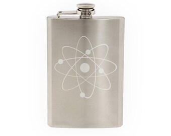 Science Icon #1 - Atom Proton Electron Nucleus Molecule - Etched 8 Oz Stainless Steel Flask