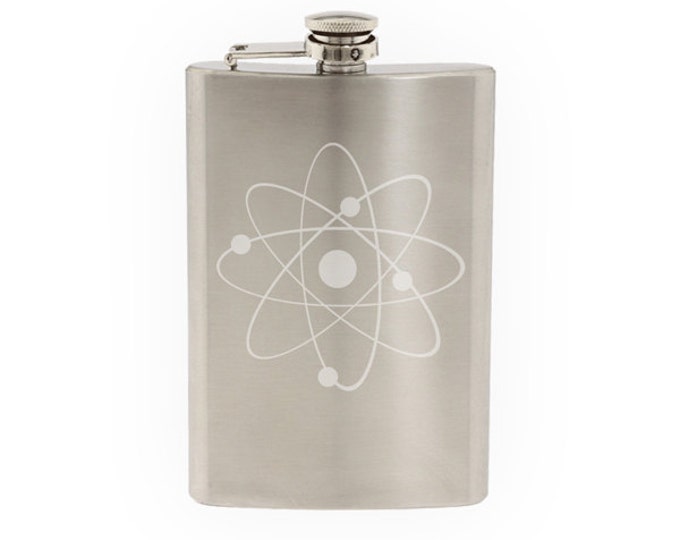 Science Icon #1 - Atom Proton Electron Nucleus Molecule - Etched 8 Oz Stainless Steel Flask