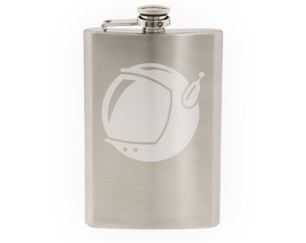 Space Icon - Cartoon Astronaut Helmet Extraterrestrial- Etched 8 Oz Stainless Steel Flask