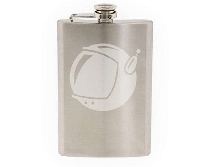 Space Icon - Cartoon Astronaut Helmet Extraterrestrial- Etched 8 Oz Stainless Steel Flask